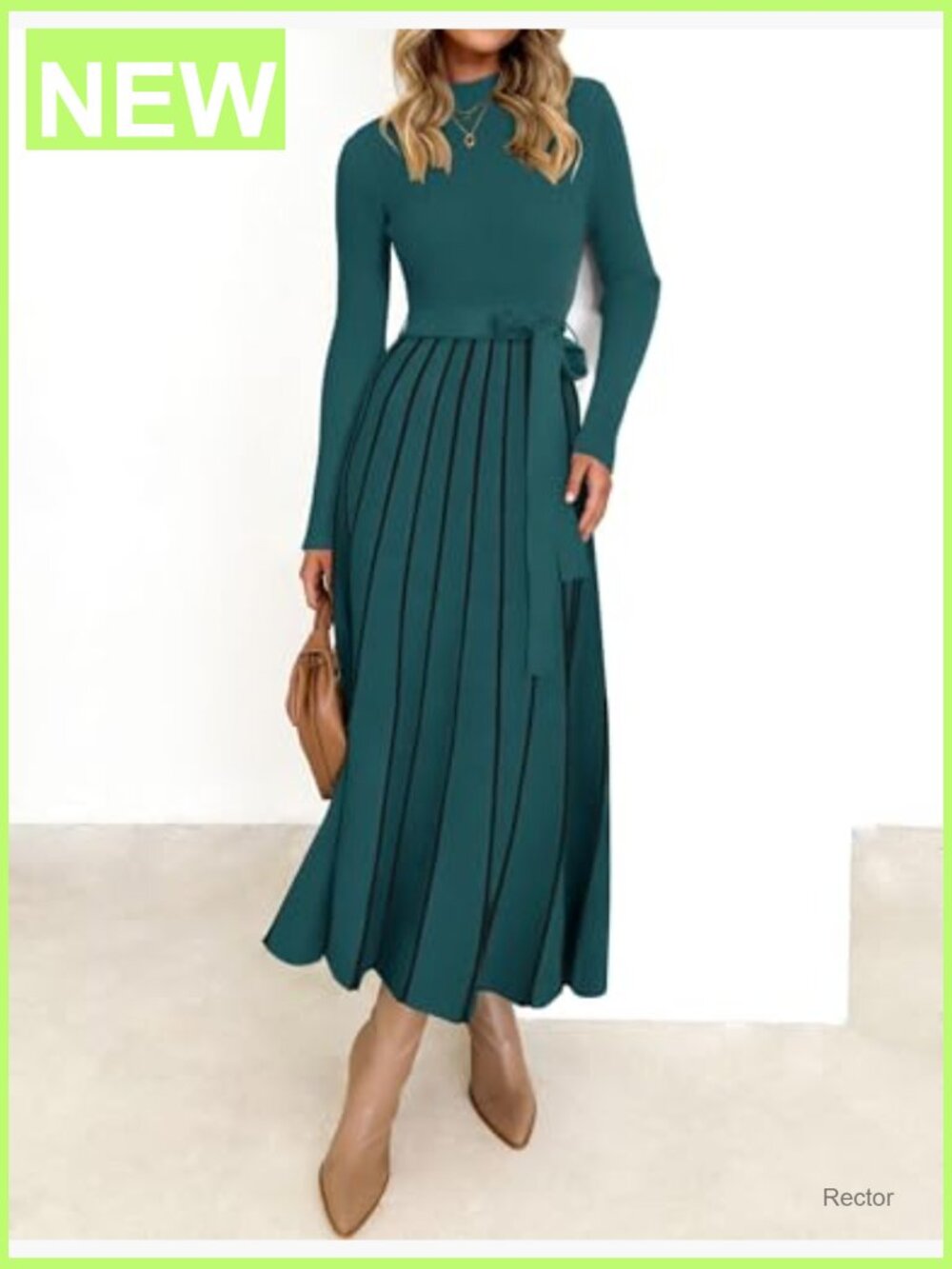 Long Sleeve Turtleneck Sweater Dress Tie Waist Ribbed Knit A-Line Midi - Picture 3 of 7